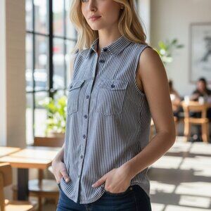 (167)Eden & Olivia Women’s Sleeveless Striped Button Front Blouse Size M Blue Wh